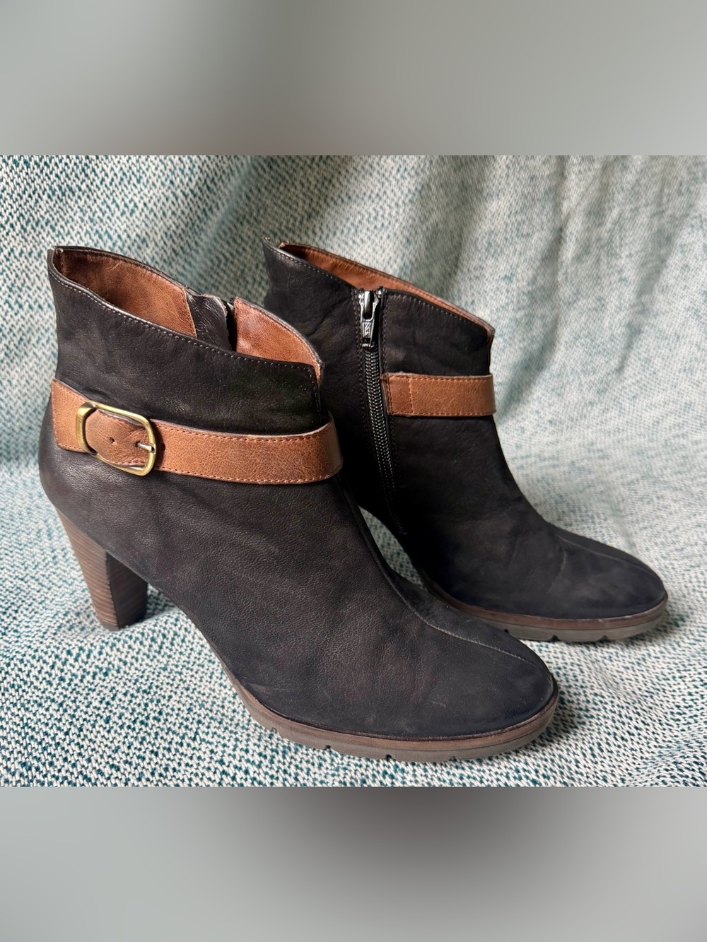 Paul Green Black Leather Ankle Boots Size 9 Brown Buckle Strap Block Heel Moto